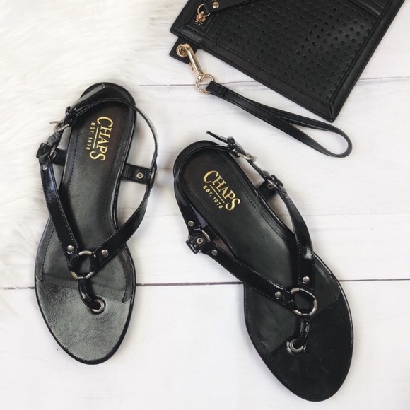 black patent leather thong sandals